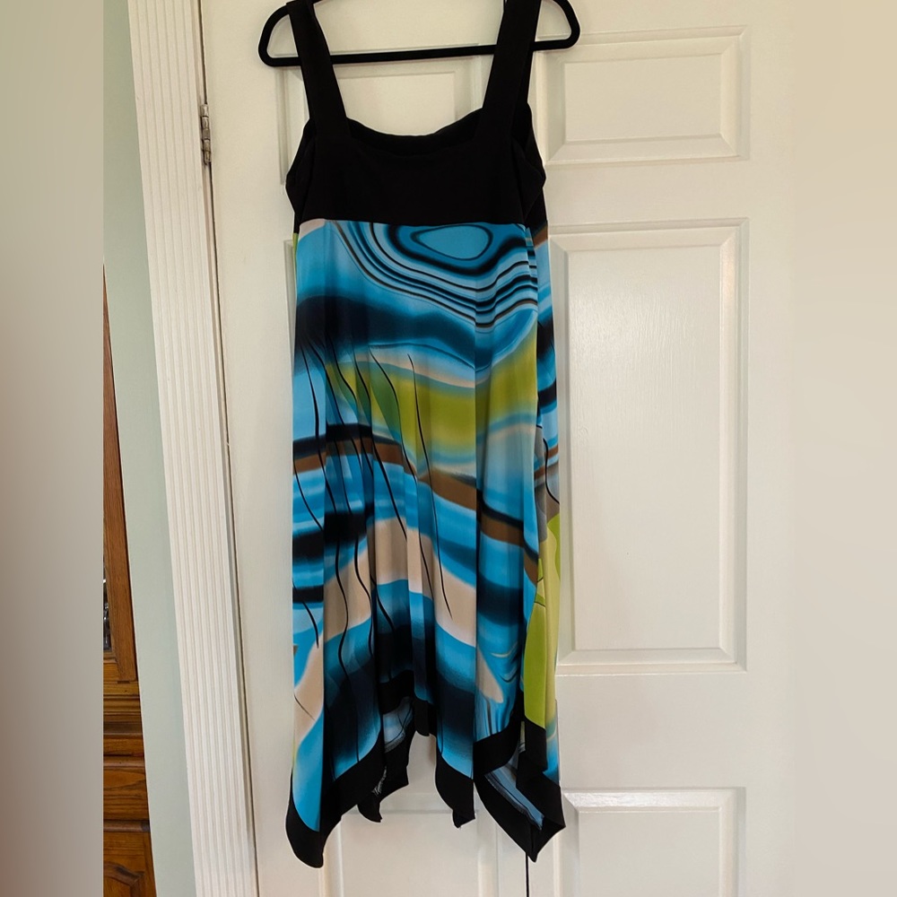 Frank Lyman dress.  Size large or 14. Asymmetrical Turquoise and black swirl